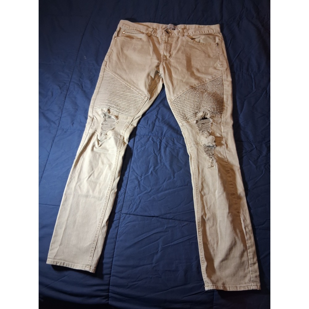 Bullhead Denim Co‎ Mens 32 Stacked Skinny Moto Distressed Tan Khaki Jeans Pants